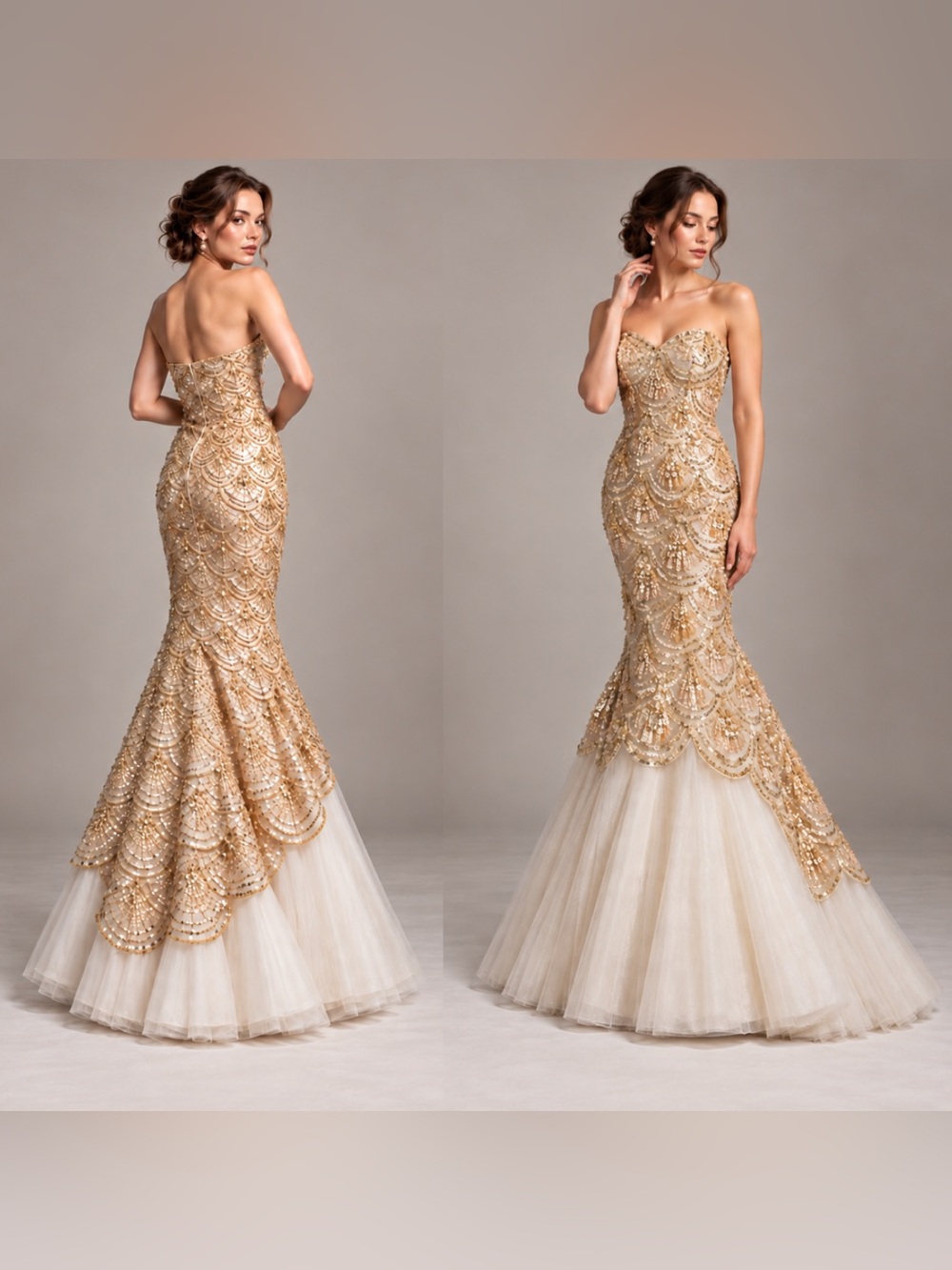 Sherri Hill Gold Sequin Beaded Mermaid Gown Scallop Prom Wedding Bridal Art Deco